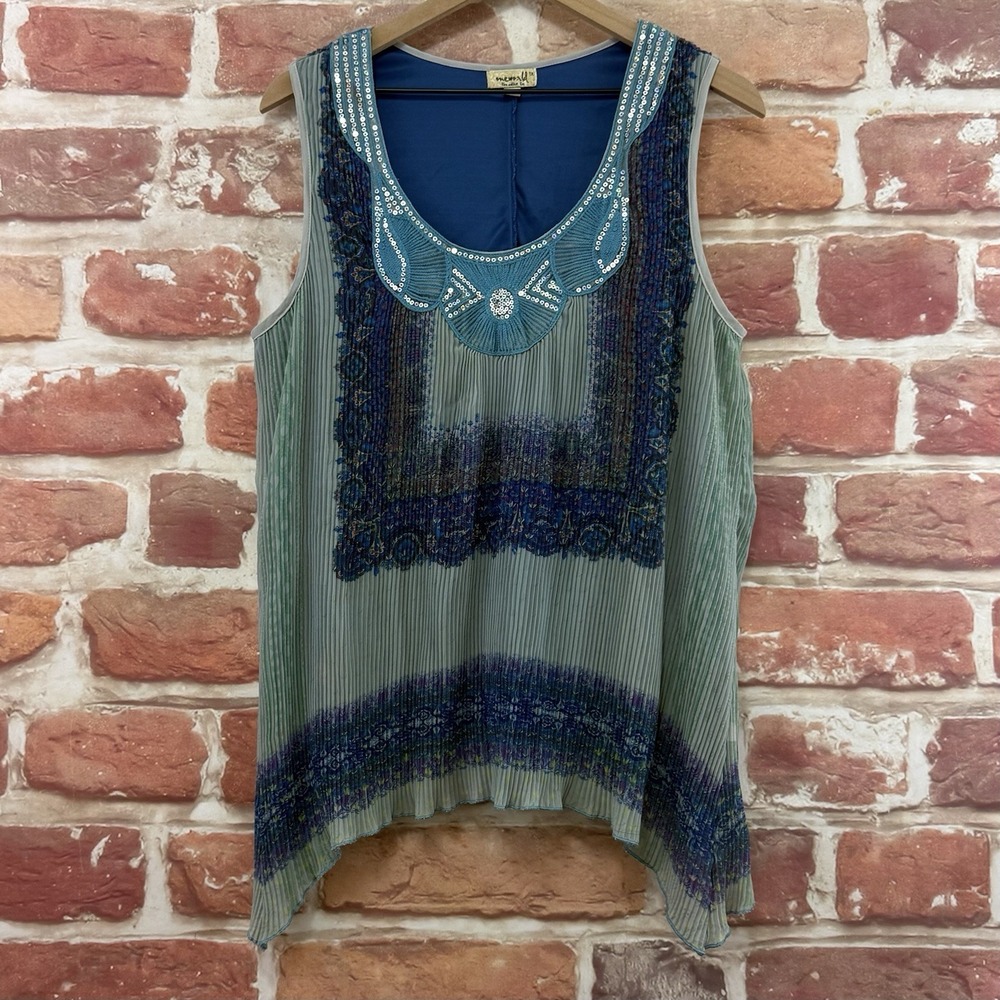 One World Top Women's 3X Multicolor Boho Floral Plisse Sequin Casual Tank Shirt